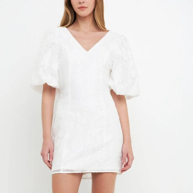 Endless Rose Floral Jacquard Puff Sleeve Mini Dress
