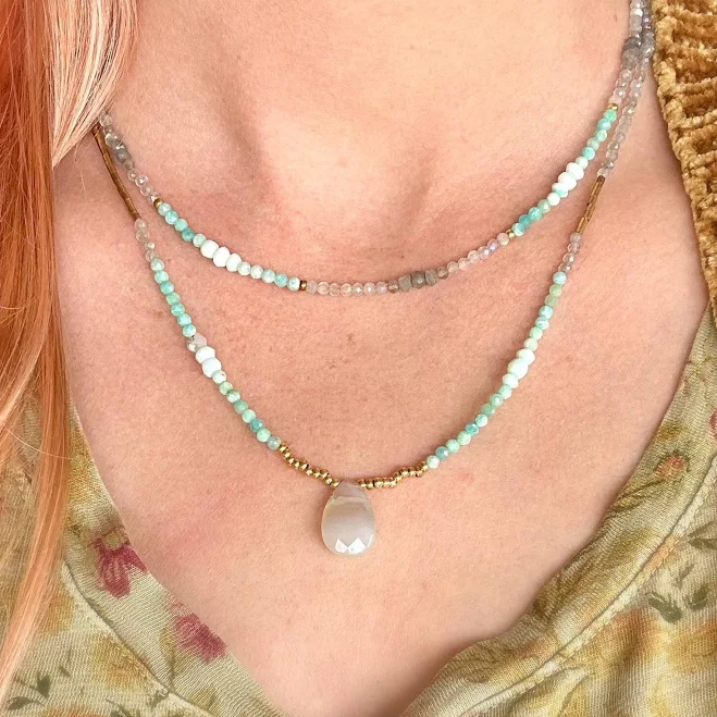 18K Gold Plated Layered Stacked Necklace with Moss Agate, Peruvian Opal,