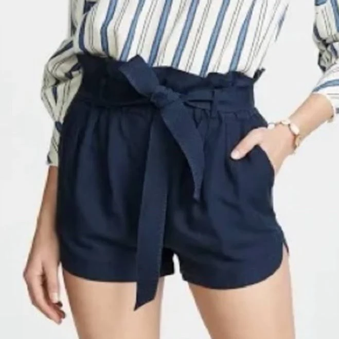 Frame Linen Blend Paperbag Navy Blue Belted Shorts Large