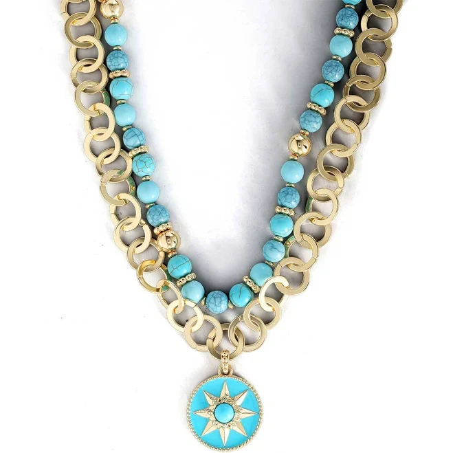Layered Gold Necklace with Turquoise Beads