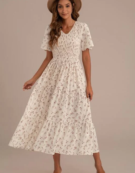 Floral Short Sleeve V-Neck Smocked Tiered Maxi Dress