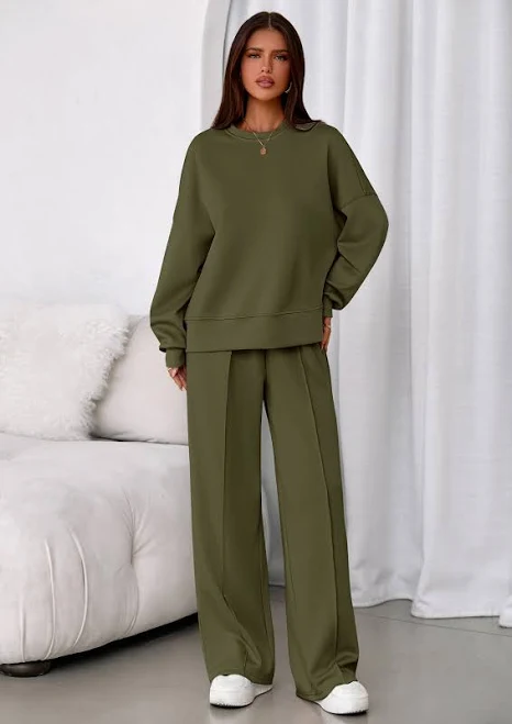 PRETTYGARDEN 2 Piece Sets For Women Fall Trendy Long Sleeve Sweatshirt Wide Leg Pants Loungewear Set Matching Sweatsuit - Army Green / L