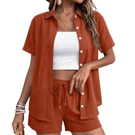 Stichou Linen Shorts Sets Women 2 Piece Outfits Linen Button Down Shirt Casual Shorts Matching Sets Boho 2026 Summer Beach Outfits Orange 2XL, Women's