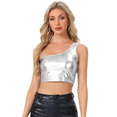 Inspire Chic Women's Metallic Cropped One-Shoulder Holographic Tank Top