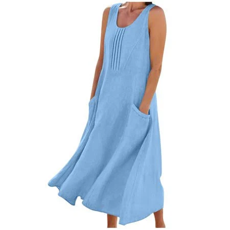 Women's Linen Scoop Neck Sleeveless Tank Summer Dress with Pockets