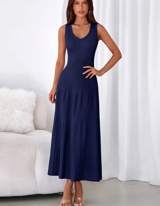 Prettygarden Women's Sleeveless V Neck Pleated Midi Cocktail Dress