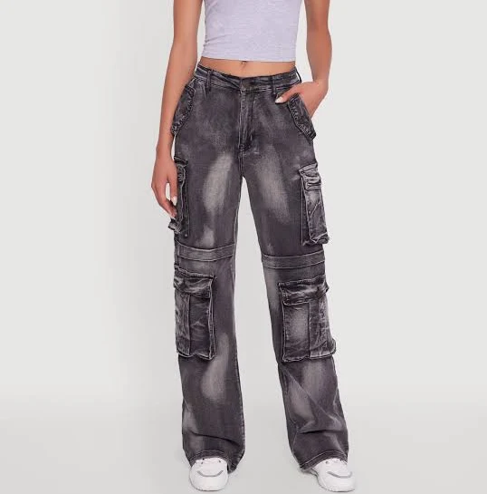 Women's Wide Leg Whiskered Acid Wash Cargo Jeans