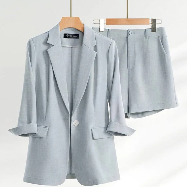 Emilia Women's Cotton Blend Blazer and Shorts Set – Tailored Fit & Perfect for Summer - Light Blue XL