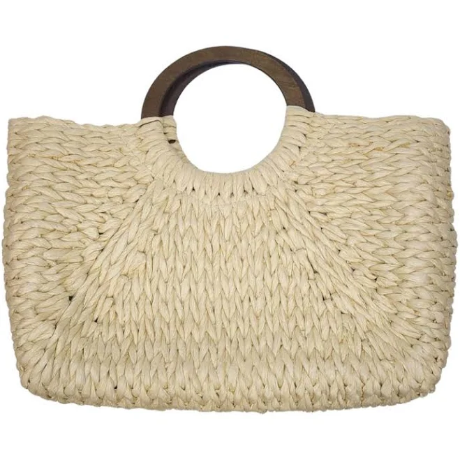 Woven Grass Handbag with Wooden Handle