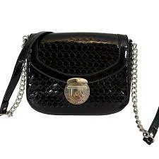 NINE WEST Shoulder Crossbody Bag Patent Leather Silver Chain Strap Purse Black