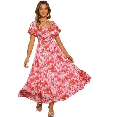 Inspire Chic Women's Floral Square Neck Puff Short Sleeve High Waist Smocked