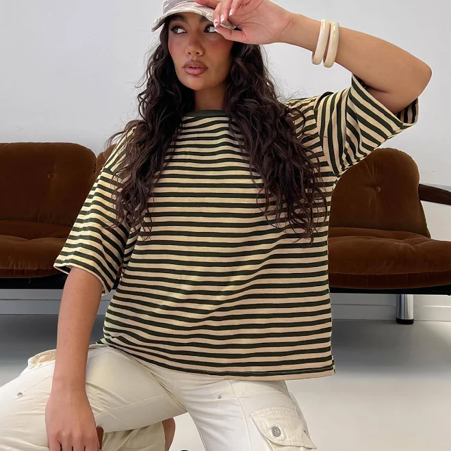 Princess Polly Settle Down Short Sleeve Top Green Cream Stripe Womens