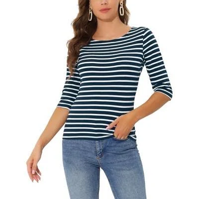 Casual Striped 3/4 Sleeve Basic Boat Neck T-shirt