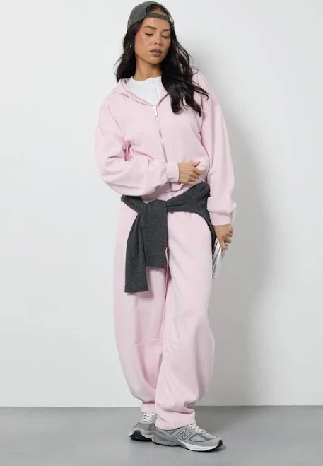 Boohoo Women's Boxy Zip Through Hoodie & Barrel Leg Jogger Tracksuit