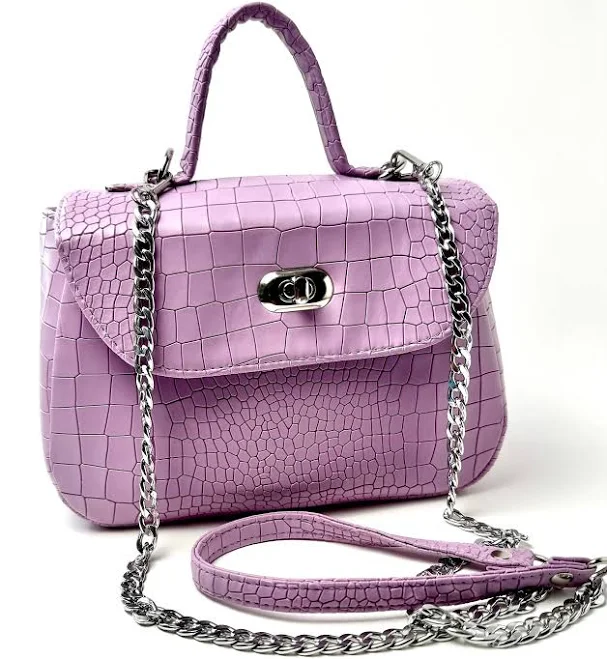 Faux Leather Top Handle Crossbody Bag with Silver Chain