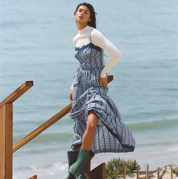 Gingham Lace Trim Cotton-Blend Maxi Dress