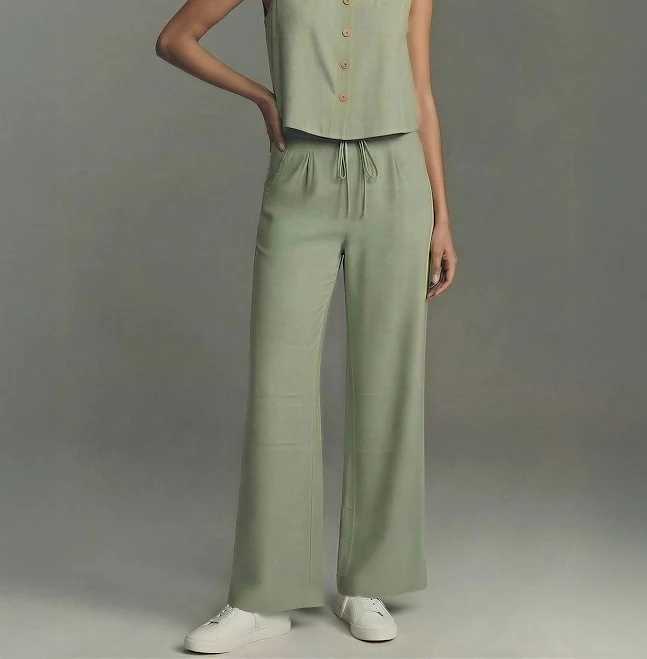 Pull-On Linen Pleated Front Wide Leg Pants