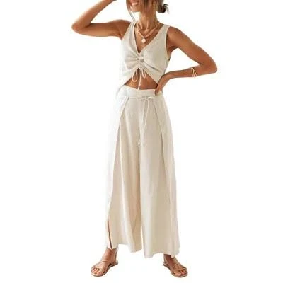 Women's Sleeveless Drawstring Blouse and Wide Leg Trousers Combo