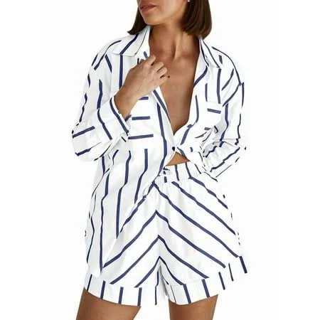 Womens Striped 2 Piece Outfits Button Down Shirts and Shorts Lounge Matching Sets Dark Blue S, Women's, Size: Small