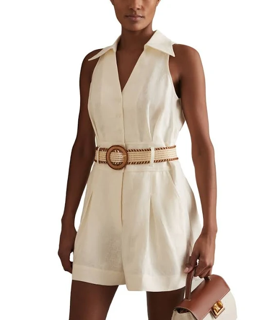 Reiss Women's Anjie Linen Belted Collar Playsuit