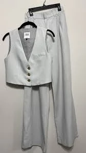 ZARA Linen Blend Vest & Pants Set Light Gray Size XS EUC