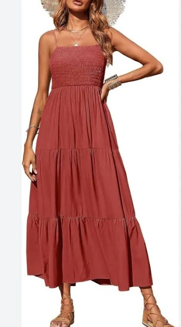 Womens Boho Smocked Sleeveless Tiered Maxi Dress Rust Size S Casual