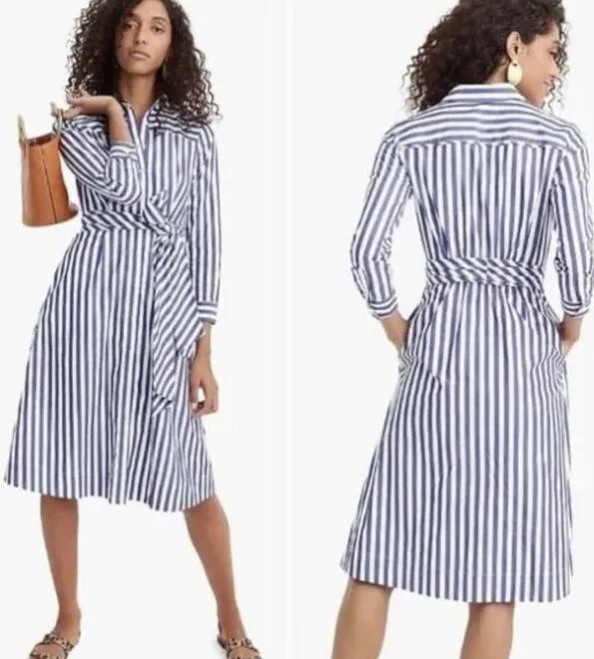 J.crew Cotton Poplin Shirt Dress Tie Waist Blue White Stripes Size 00