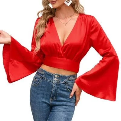 Clearlove Women's Deep V Neck Tie Front Long Sleeve Blouse
