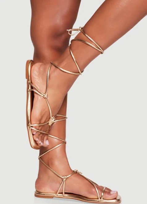 Women's Metallic Faux Leather Lace Up Sandals
