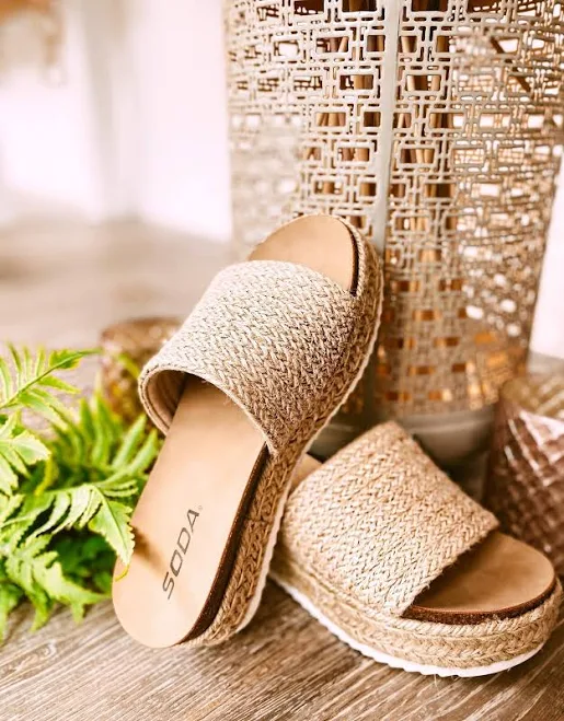 Natural Jute Raffia Open Toe Espadrille Slide Sandals Platform Wedge Heel