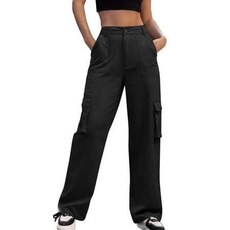 Women's Stretch High-Waisted Straight Wide Leg Cargo Pants with Drawstring