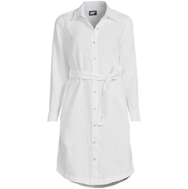 Lands' End Women's Linen Long Sleeve Button Front Shirt Dress