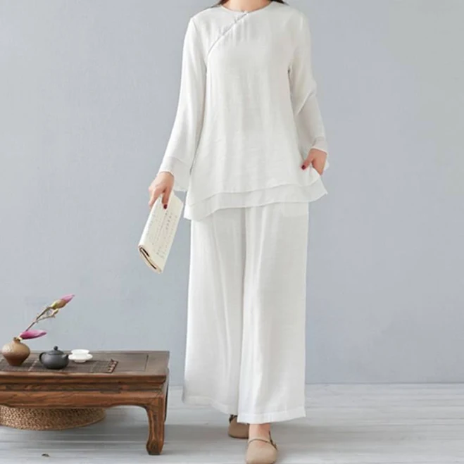 Buddha Stones Women's Cotton Linen Three Quarter Sleeve Shirt and Pants Set
