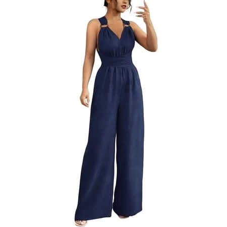 Kvture Womens Jumpsuits Summer Linen Wide Leg Sleeveless V Neck Casual Dressy Rompers Pants Spring Vacation Outfits Dark Blue, Women's, Size: XL,