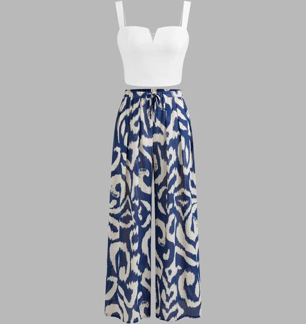 CIDER Women's Summer Set Versatile Lightweight Woven Square Neck Crop Top & High-Rise Abstract Wide-Leg Trousers