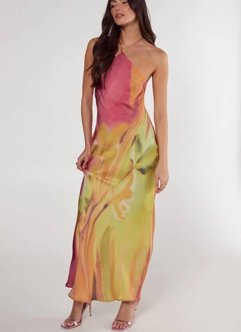Nasty Gal Floral Ombre Satin Halter Neck Cowl Back Maxi Dress