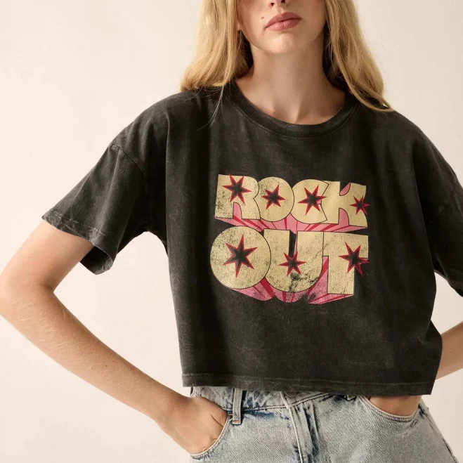 Rock Out Cropped Vintage-Wash Graphic Tee