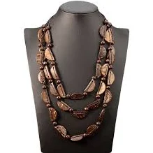Brown Wooden Necklace with Coconut Shells, 3 Layered Boho Necklace