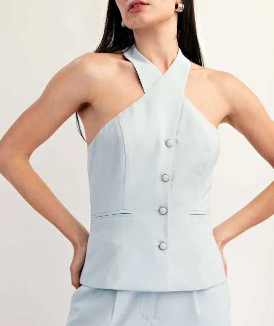 Halter Neck Button-Up Blazer Vest