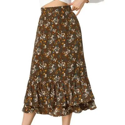 Inspire Chic Women's Floral Chiffon Tiered Flowy Midi Skirt