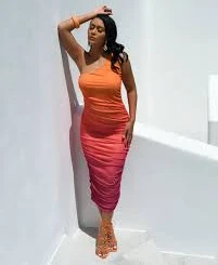 Pink & Orange Ombre One Shoulder Ruched Mesh Midi Dress