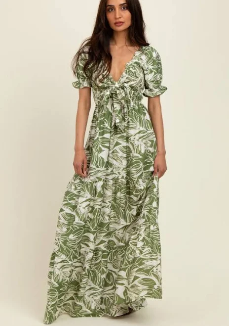 Green Tropical Print Smocked Front Tie Maxi Dress