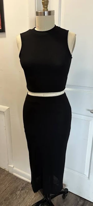 H&m Black Ribbed Two Piece Set With Mock Neck Cropped Top Fitted Skirt