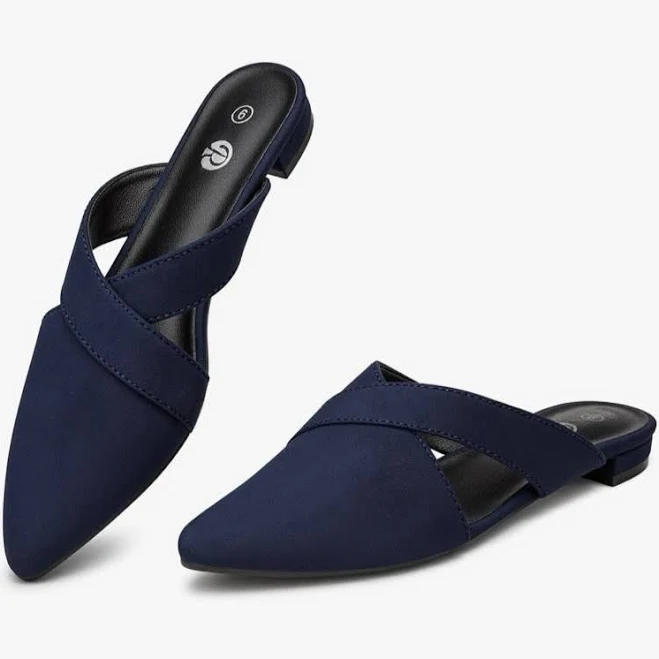 Rekayla Women’s Suede Backless Flats Mules Closed Pointed Toe In Navy