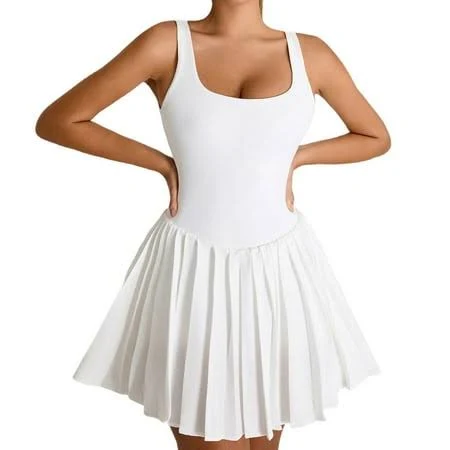 Womens Square Neck Tennis Dress Pleated Sleeveless Built in Shorts Golf Athletic Dress with Pockets Swan White XL, Women's