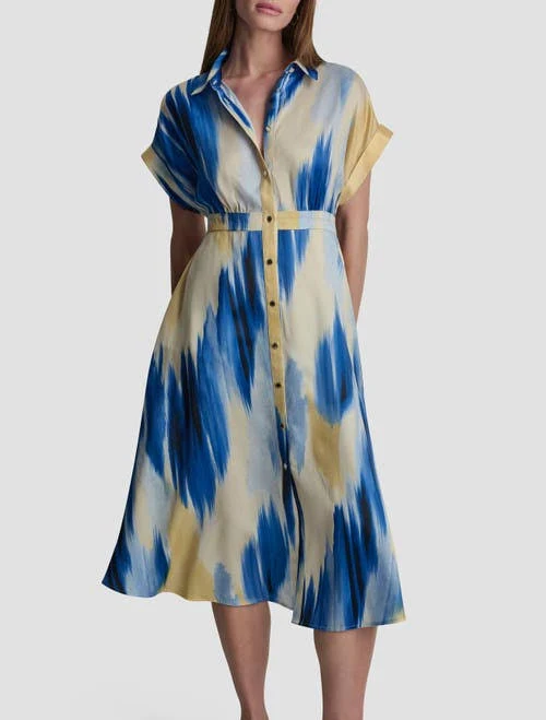 DKNY Women's Petite Printed Collared Neck Midi Shirt Dress