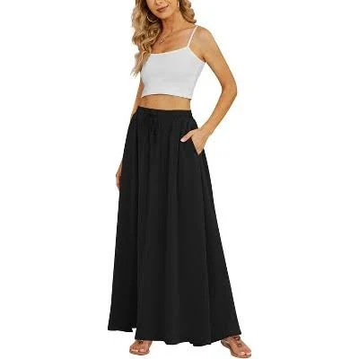 LEVEN Sixteen Women's Flowy High-Waist Pleated Maxi Skirt with Pocket