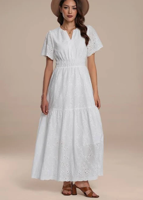 Eyelet Notched Neckline Flutter Sleeve Maxi Dress