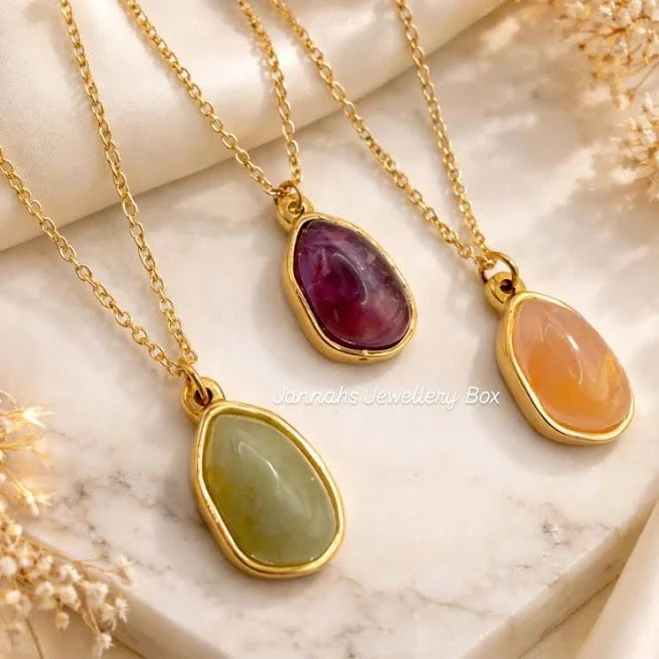18K Gold Geometric Dainty Natural Stone Pendant Necklace