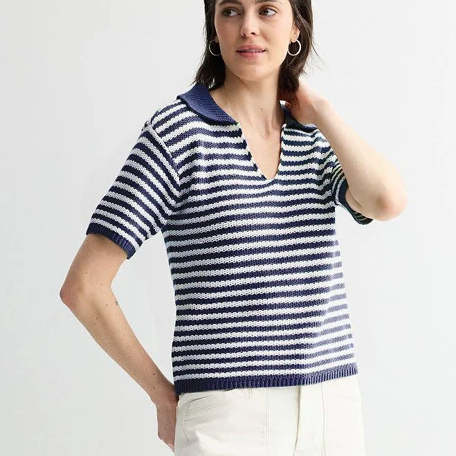 Women's Sonoma Goods For Life Short Sleeve Collared Sweater, Size: XXL, White Navy Stripe